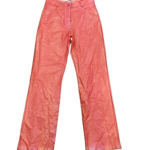 Laagam Free People Faux Leather Bold Coral Irridescent Rave Whimsy Pants Large